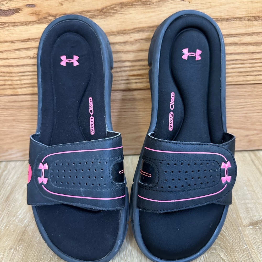 Under Armour Sandals Wm 8 Black Pink Slides 4D Foam Comfort Footbed Adjustable